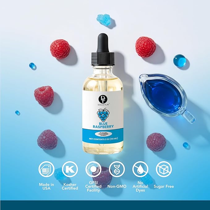 Dolce Flav Blue Raspberry Extract – 2 Ounce Oil-Soluble Kosher, Sugar-Free, Concentrated Blue Raspberry Flavoring for Baking, Chocolates & Desserts, Includes Measured Dropper