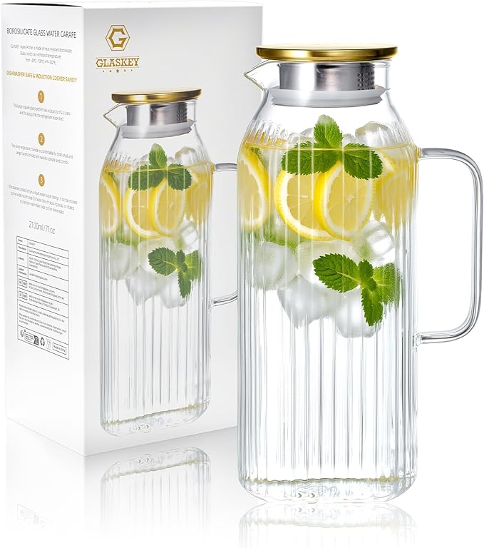 GLASKEY 2.1 Liter 71oz Square Glass Pitcher with Lid, Classic Stripes Water Pitchers with Handle for Fridge, Leak Proof Juice Jug, Borosilicate Glass Carafe for Hot/Cold Brew Drink