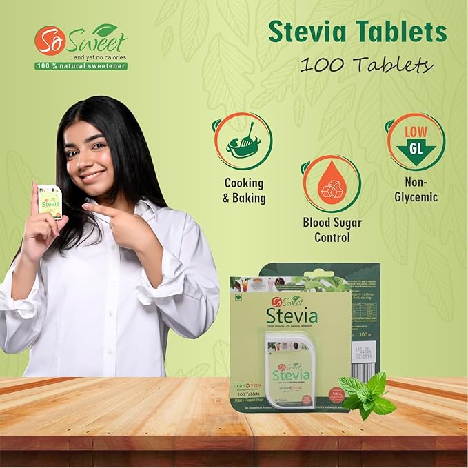 So Sweet Stevia 100 Tablet - Natural Sweetener, Zero Calories, Keto-Friendly, Organic Sugar Substitute, No Artificial Flavors, Convenient Travel Size
