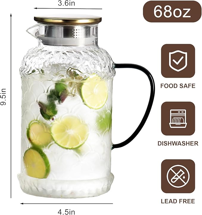 2 Liters/68 oz Glass Pitcher with Lid and Handle for Fridge,2 PACK Large Hot Cold Water Carafe for Cold Brew,Coffee,Lemonade,Iced Sun Tea,Beverage,Milk,Heat Resistant