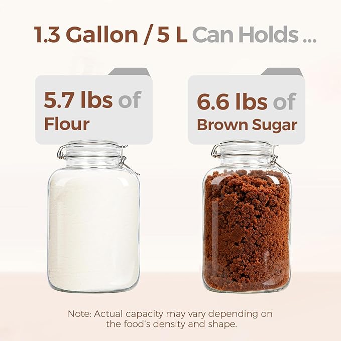 ComSaf Rice Container 5L, Flour Sugar Storage Containers, Glass Jars with Airtight Lid, 1.3 Gallon Mason Jar, Large Storage Containers with Lids for Pickled Egg, Pasta, Cereal, Beans, Set of 2