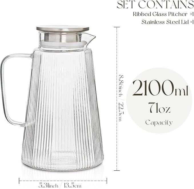 71oz Glass Pitcher with Lid, Ribbed Beverage Carafe for Hot & Cold Drinks, Water Jug with Handle for Juice, Tea, Milk, Iced Coffee – Heat Resistant Glass Serveware