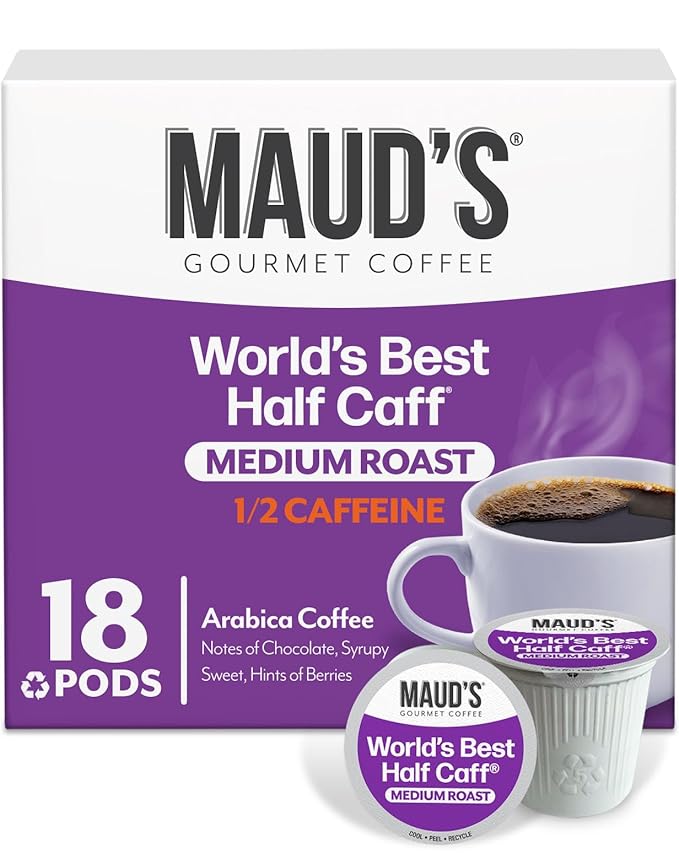 Maud's Half Caff Coffee Pods, 18 ct, Medium Roast Coffee in Recyclable Single Serve Pods – 100% Arabica Coffee, Compatible with Keurig K Cups Maker