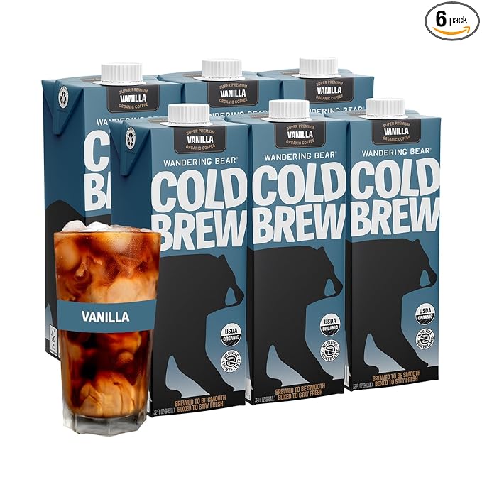 Wandering Bear Organic Vanilla Cold Brew Coffee - Extra Strong, Bold, Smooth, Unsweetened, Shelf-Stable, Ready to Drink, Gluten Free, & Vegan Iced Cold Brewed Coffee Drink - 32 fl oz, 6 pack