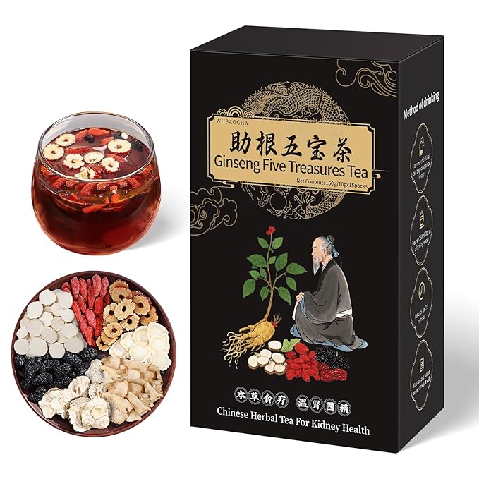 Ginseng Five Treasures Kidney Tea, Chinese Ginseng Six Treasure Tea Cleanse Detox TeaBags for Women and Men's Kidney Health, 7 Precious Ingredients Formula (15 Bags/1 Boxes)
