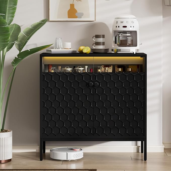 Sideboard Buffet Cabinet 31'' with Storage and Power Outlet, Modern Coffee Bar Accent Cabinet with 2 Doors and Adjustable Shelves, Console Table for Dining Room, Living Room, Kitchen, Black