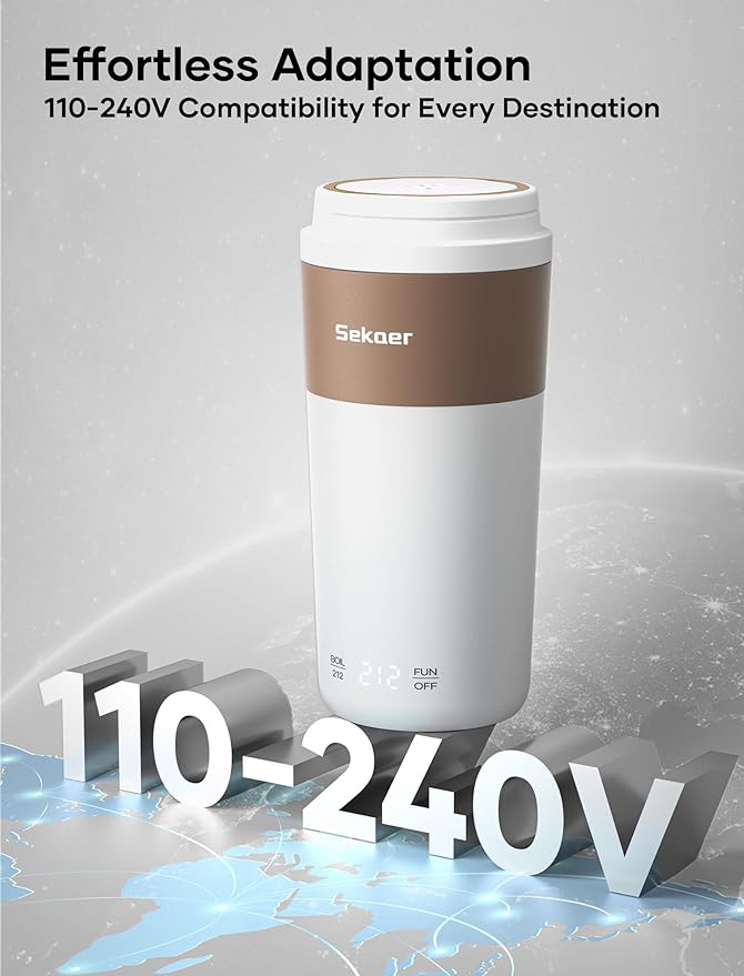 Sekaer Travel Portable Kettle, Dual Voltage 110-240V, Mini Electric Kettle for Tea Coffee, 304 Stainless Steel Small Hot Water Boiler, 350mL Auto Shut-Off & 4 Temp Presets, SKE-835-B