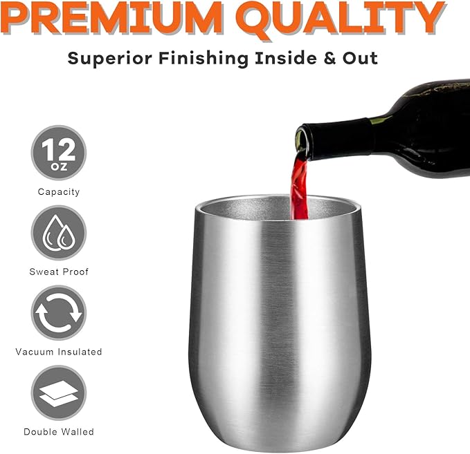 COMOOO 12oz Wine Tumbler with Lid and Straw, Stainless Steel Stemless Wine Tumbler, Double Wall Vacuum Insulated Wine Tumbler Cups for Wine, Coffee, Ice Cream, Champaign, Silver