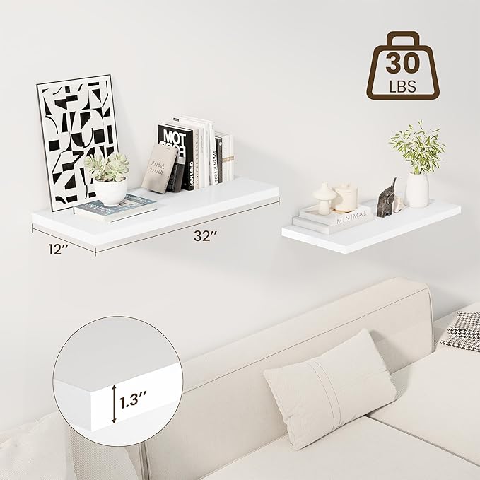 Dreamland 32" Floating Shelves for Wall, 12" Deep Slim White Floating Shelves, Wall-Mounted Shelves for Bedroom, Living Room, Kitchen, Bathroom - Set of 2