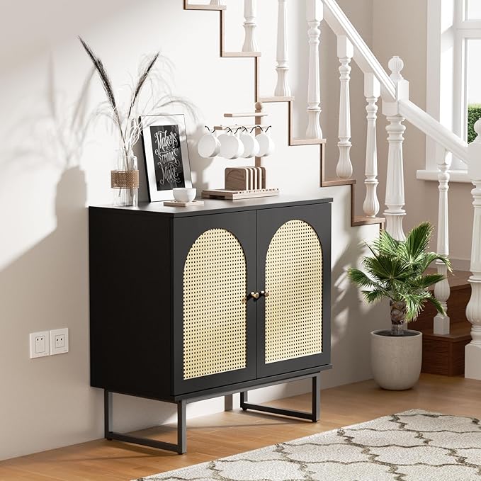 Vabches Sideboard Buffet Cabinet with Rattan Doors, 2 Doors Accent Sideboard, Coffee Bar Cabinet with Metal Legs for Living Room, Hallway, Entryway (Black, 2 Doors)