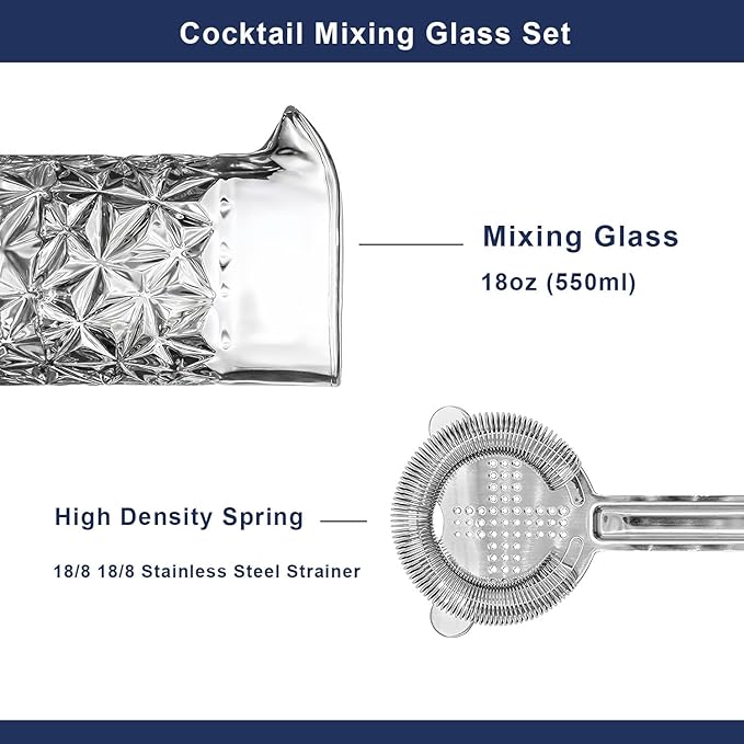 Cocktail Mixing Glass Set with Hawthorne Strainer, 2-Piece Crystal Kit, Bar Trainer, Old Fashioned Mixing Glass