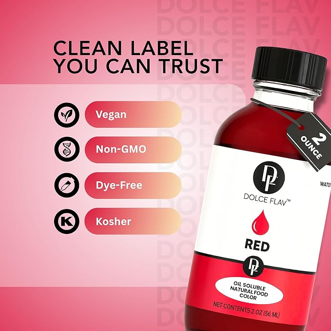 Dolce Flav Natural Red Food Coloring – Vivid Plant-Based Color from Beets | 2 oz Water-Soluble Liquid Dye for Baking, Drinks & Frostings | Graduated Dropper Included | No Artificial Dyes | Kosher | Made in USA