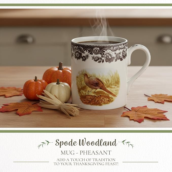 Spode Woodland Pheasant 16 oz Mug - Fine Porcelain Rustic Drinkware with Historic Brown Floral Border, Microwave, Oven, Freezer & Dishwasher Safe - British Country Style for Fall and Thanksgiving Use
