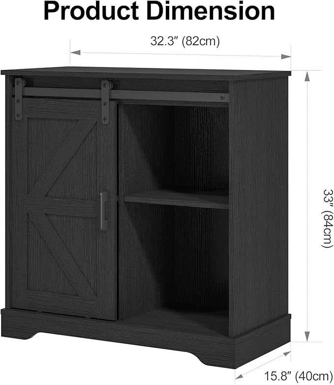 Panana Sliding Barn Door Buffet Sideboard Storage Cabinet Coffee Bar Kitchen Farmhouse Style (Black)