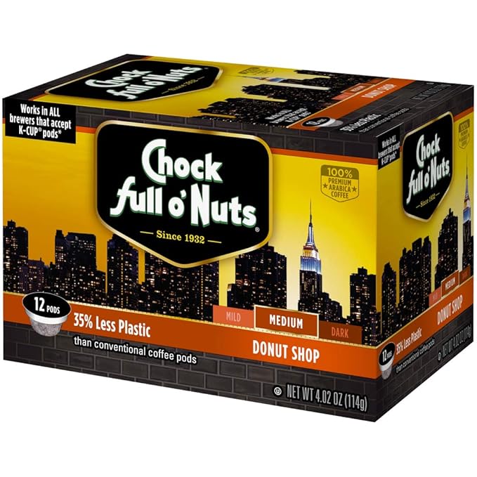 Chock Full o’Nuts Donut Shop, Medium Roast K-Cups – Compatible with Keurig Pods K-Cup Brewers (4 Packs of 12 Single-Serve Cups)