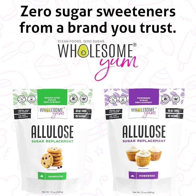 Wholesome Yum Allulose Sweetener - Natural Granulated Sugar Substitute - Keto, Non GMO, Zero Carb, Zero Calorie, Sugar Free, No Aftertaste, Tummy Friendly - Granular Sugar Replacement (12 oz)