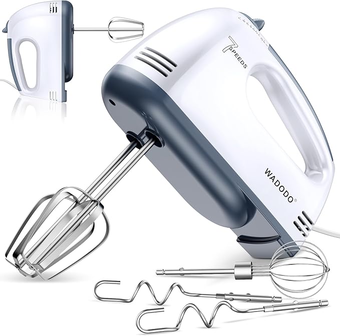 WADODO 200W Electric Hand Mixer, 7-Speeds Small Handheld Mixer with 304 Stainless Steel Beaters, Dough Hooks & Whisk Attachment, Portable Food Kitchen Mixer for Baking Cake Cookies Cream