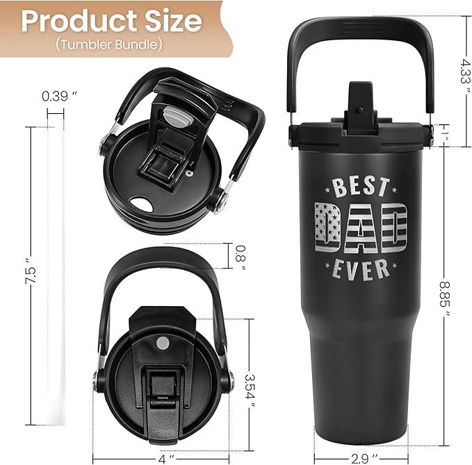 Best Dad Ever Tumbler 30oz with Carry Handle, Stainless Steel Insulated Tumblers Travel Cup with Flip Straw Lid, Gifts for Dad from Daughter Son, Dads Gift for Birthday Christmas Fathers Day