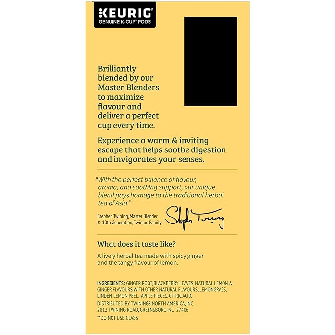 Twinings Lemon & Ginger Herbal Tea K-Cup Pods for Keurig, 24 Count (Pack of 1), Tangy & Spicy, Naturally Caffeine-Free, Enjoy Hot or Iced