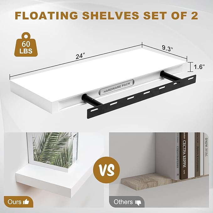 Fun Memories Floating Shelves, 9.3'' Deep Solid Pine Wood Wall Shelves for Storage, Wall Mounted Display Shelf with Invisible Heavy-Duty Metal Bracket, 24'' Width Set of 2, White