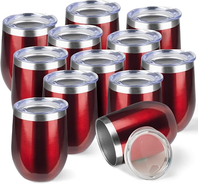 StarSpeed 12oz/12 Pack Wine Tumbler with lid, Stainless Steel Travel Mugs Stemless Double Wall Insulated Coffee Cup, Insulated Wine Glasses Travel Tumbler for Cold & Hot Drinks(Transparent Red,12)