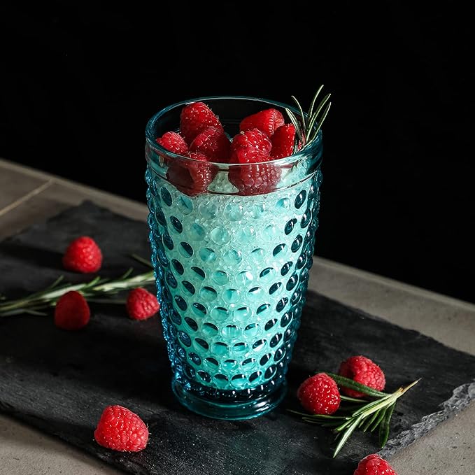 G Light Blue Hobnail Drinking Glasses 13 oz 6 Set, Premium Hobnail Highball Glasses,Vintage Glassware For Soda,Juice,Milk,Coke, Beer,Spirits In Dinner Parties, Stackable, Dishwasher Safe For Daily Use