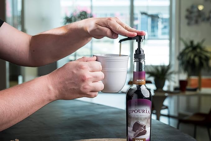 Upouria Mocha Coffee Syrup Flavoring, 100% Vegan, Gluten Free, Kosher, 750 mL Bottle - Coffee Syrup Pump Included