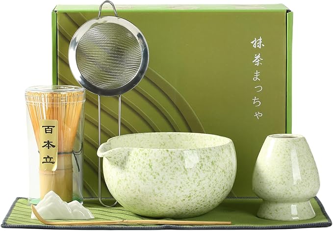 Matcha Whisk Set, Ceramic Matcha Bowl with Spout, Bamboo Whisk, Scoop, Holder, Sifter, Tea Towel, 7-Piece Artisan Wave Matcha Kit Set for Making Breakfast/Latte, Round Green, Large