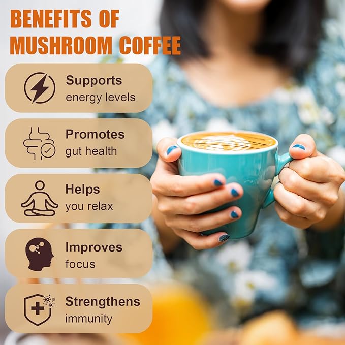 Adaptogenic Mushroom Coffee, 6 Mushrooms Extract Powder (Lion’s Mane, Cordyceps, Turkey Tail & Other) Mixed With Instant Coffee for Focus, Energy and Gut Health Support, 30 Servings