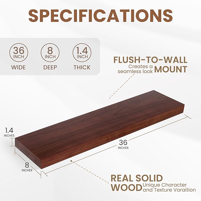 Fun Memories Rustic Real Wood Floating Shelves, 8 Inch Deep Floating Shelf Wall Mounted, 36" W x 8" D Wall Shelves Storage Shelves for Living Room, Bedroom, Bathroom, Red Brown, Set of 2