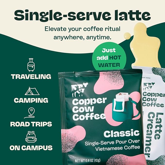 Copper Cow Coffee Pour Over Vietnamese Coffee Pouches + Sweetened Condensed Milk Creamers (8 Coffees & 8 Milk Creamers) | Classic Black Lattes, No Refrigeration Needed, Travel Friendly Ground Coffee