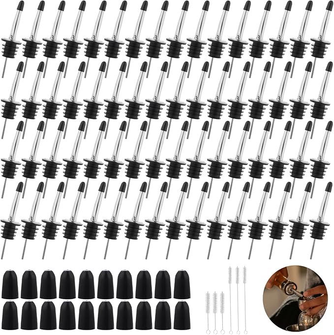 72 Pcs Stainless Steel Pour Spouts for Liquor Bottles with Rubber Dust Caps Tapered Bottle Pourers for Alcohol Olive Oil Wine Syrup Whiskey Bar Bartending Accessories