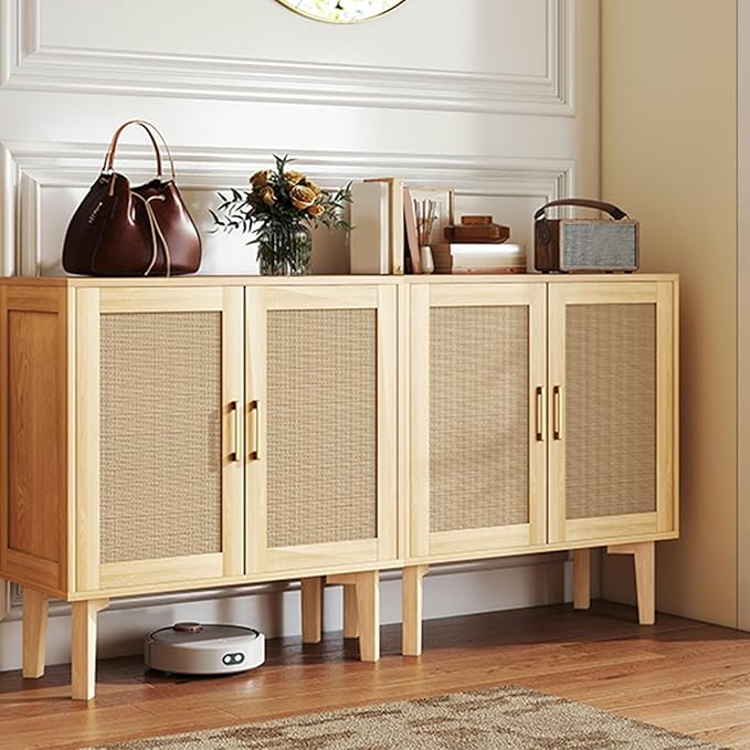 Bigroof Rattan Cabinet, Modern Accent Buffet Cabinet with Magnetic Doors, Sideboard Buffet for Hallway, Entryway, Living Room, or Kitchen (Natural)
