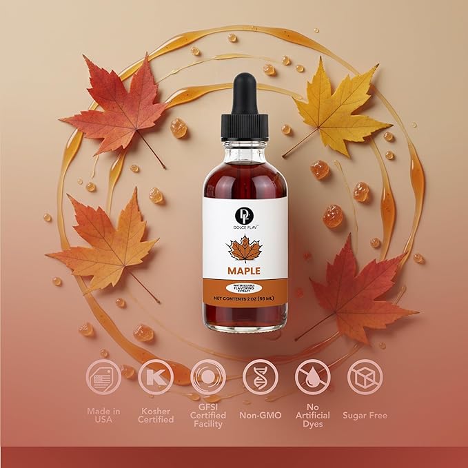Dolce Flav Maple Extract - 2 Ounce Water-Soluble Multipurpose Flavoring Ideal for Baked Goods, Beverages, Coffee, Desserts & Ice Cream - Perfect Kitchen Gift for Holidays