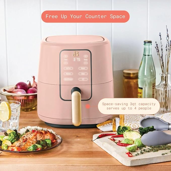 Beautiful 3 Quart Digital Air Fryer with TurboCrisp Technology – Matte Finish, Touchscreen, Nonstick Basket (Rose)