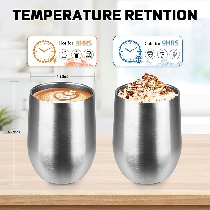 StarSpeed 12oz Wine Tumbler with lid, Stainless Steel Travel Mugs Stemless Double Wall Insulated Coffee Cup, Insulated Wine Glasses Travel Tumbler for Cold & Hot Drinks(Silver, 1)