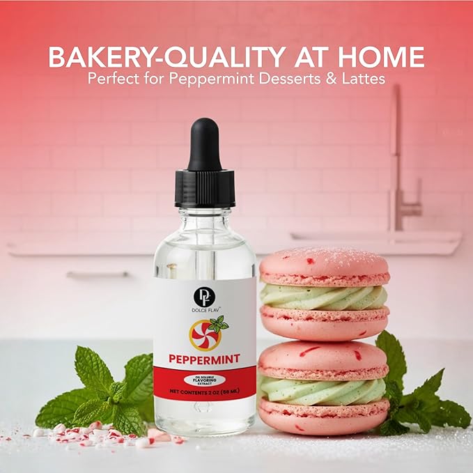 Dolce Flav Natural Peppermint Extract – 2 Ounce Oil-Soluble Kosher, Sugar-Free, Concentrated Pure Mint Flavor for Hard Candy, Chocolates & Baking, Includes Measured Dropper
