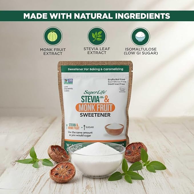 Super Life Stevia & Monk Fruit Sweetener – Low-Glycemic Index, Erythritol-Free Sugar Alternative for Baking, Beverages & Caramelizing | Non-GMO, Low-Calorie, Keto Diet Friendly – 8.8oz / 250g
