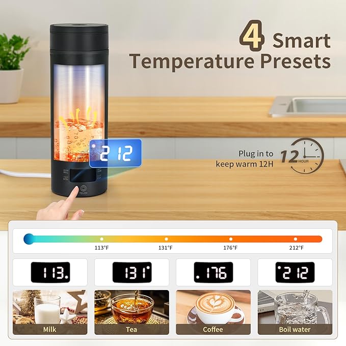 Travel Electric Tea Kettle, 450ML Small Water Boiler Kettle Electric with 4 Temp Settings, Auto Shut-Off & Boil Dry Protection, 304 Stainless Steel Portable Bottle Warmer for Travel, Black