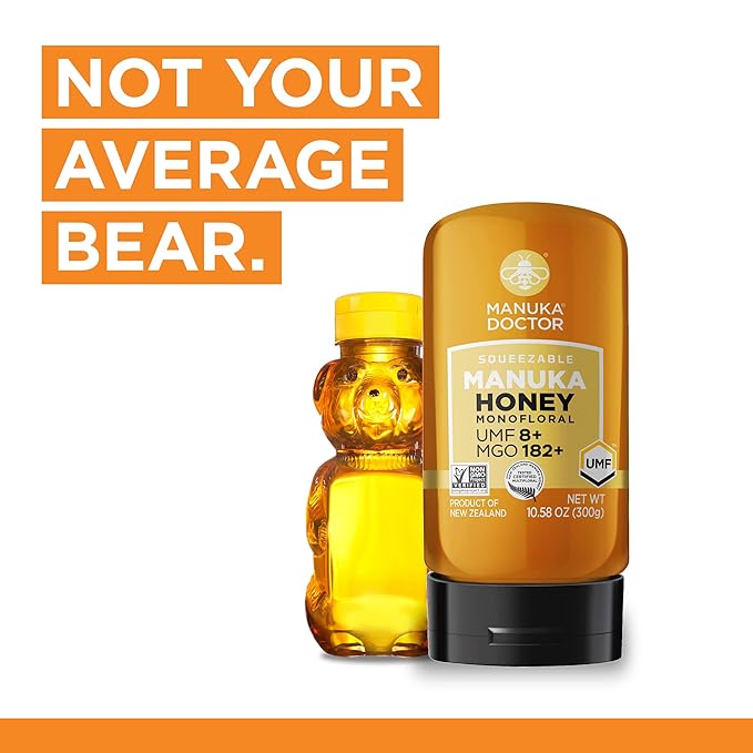 Manuka Doctor - Manuka Honey Squeezy MGO 182+ / UMF8 Dual Rated Monofloral, 100% Pure New Zealand Honey. Certified. Guaranteed. Raw. Non-GMO (10.58 oz)