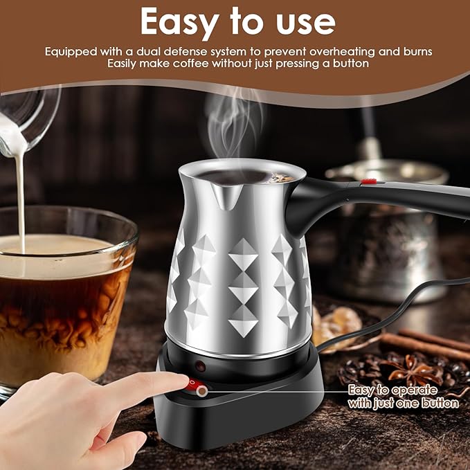 Turkish Coffee Maker, Stainless Steel 500ml Turkish Coffee Machine with Folding Handle, 5 to 6 Cups Capacity Turkish Coffee Pot, Electric Coffee Tea Warmer Kettle for Home Travel (Diamond)