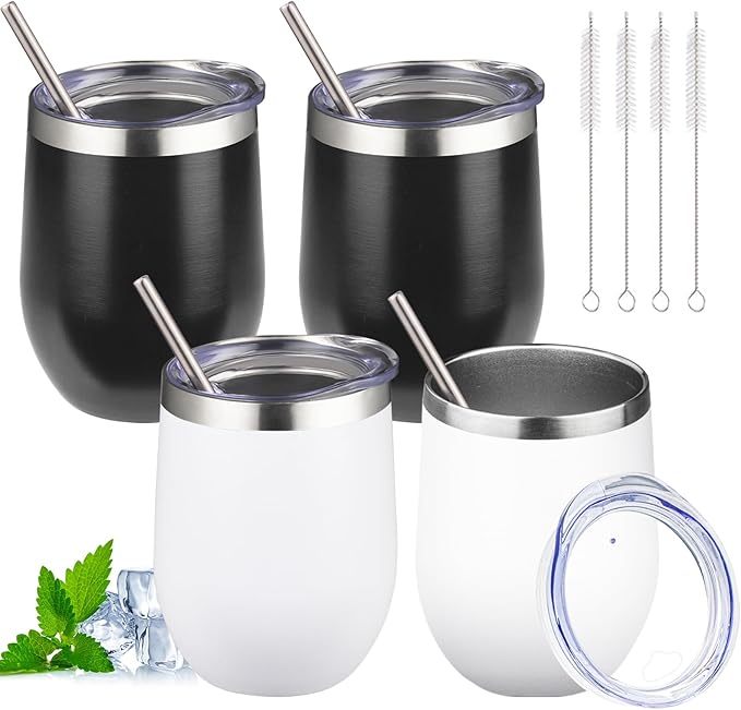 12oz Stemless Wine Tumbler with Lid Double Wall Insulated Wine Cup Stainless Steel Glasses Tumbler with Straw Insulated cocktail Tumbler Coffee Mug for Hot and Cold Beverages (Multicolor-7,4Pack)
