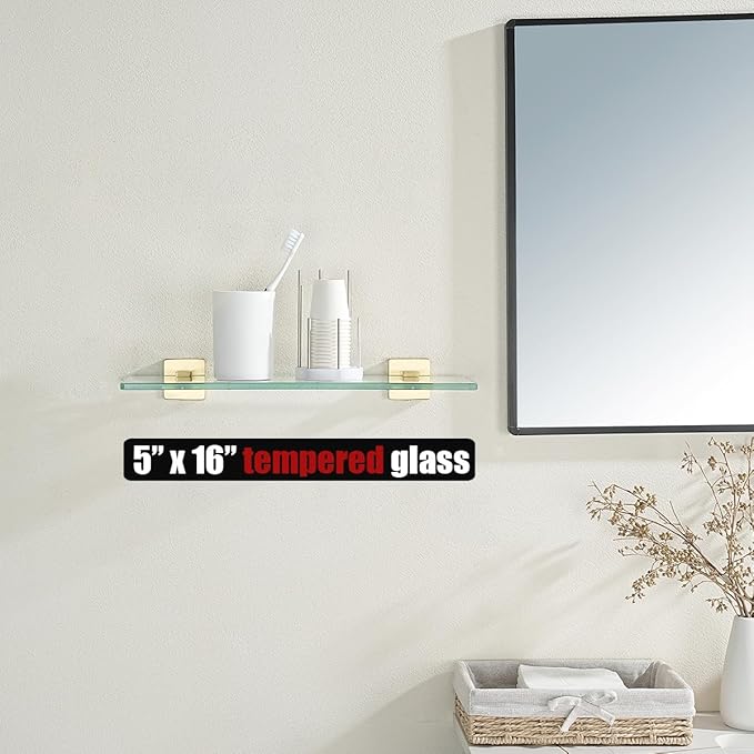 JQK Bathroom Glass Shelf, Floating Tempered Glass Shower Storage 16 by 5 inches, 304 Stainless Steel Brushed Gold Wall Mount 2 Pack, TGS201L16-BG-P2