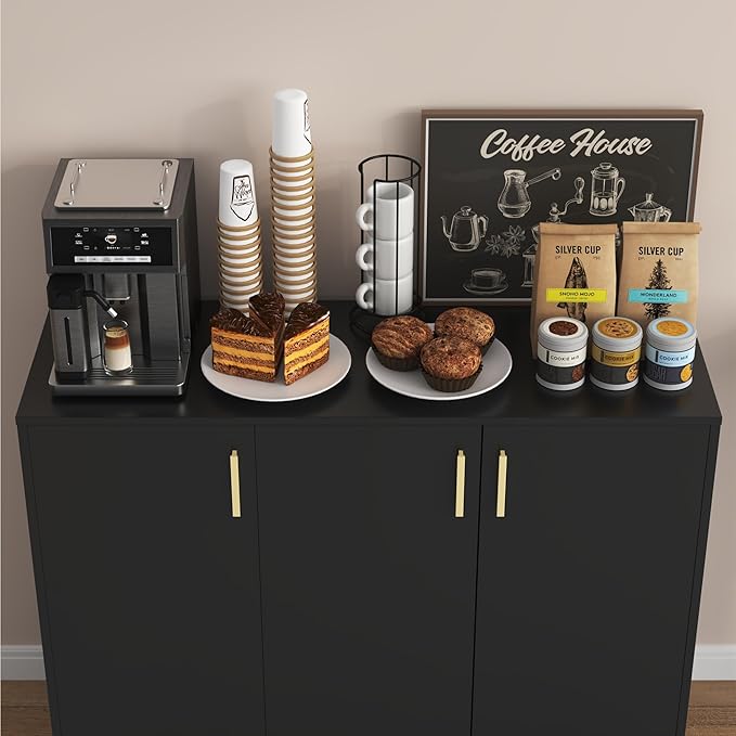 Cozy Castle Buffet Cabinet with Storage, Accent Storage Cabinet with Doors and Shelves, Wood Coffee Bar Sideboard Console Table for Kitchen Living Room Entryway Hallway, 35.4" Tall Black