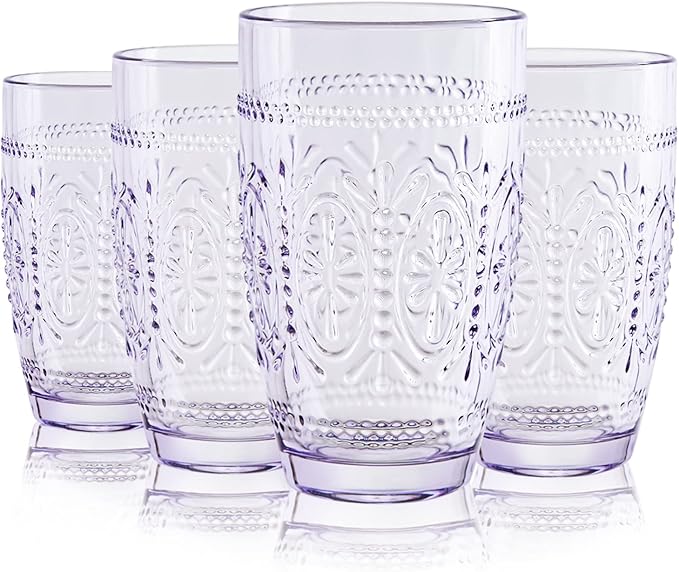 CREATIVELAND Colored Vintage Drinking Glasses Set of 4, 15.5 oz Romantic Embossed Water Glasses, Colored Tumblers Tempered Glass for Juice, Beverages, Beer, Cocktail