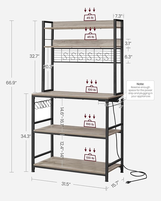 VASAGLE Bakers Rack with Power Outlet, Microwave Stand, Kitchen Tall Utility Storage Shelf, with Metal Wire Panel, 14 Hooks, 15.7 x 31.5 x 66.9 Inches, Heather Greige and Ink Black UKKS025B02