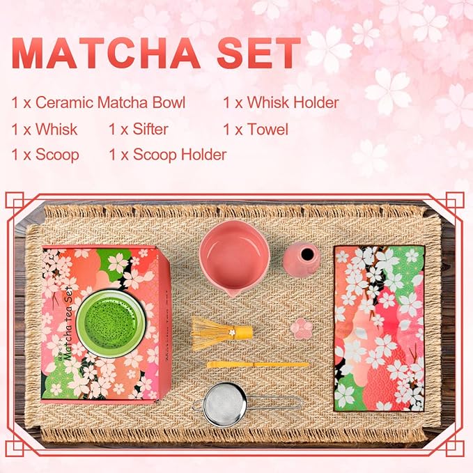 Matcha Whisk Set––7pcs Japanese Matcha Set Kit with Matcha Bowl, Bamboo Whisk, Whisk Holder, Scoop, Towel&Sifter–Perfect for Matcha Lovers&Tea Ceremonies-Daisy Pink