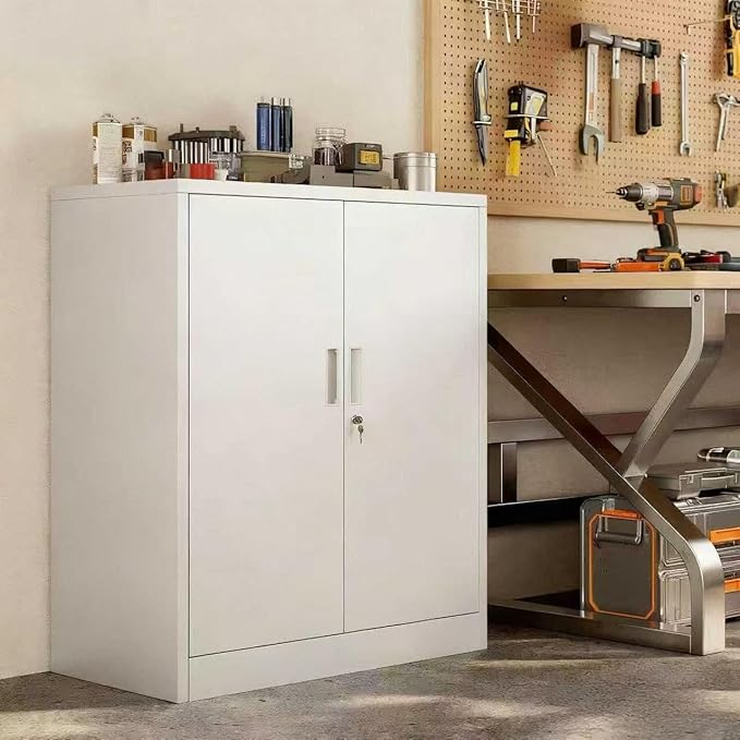 Metal Garage Storage Cabinets，36" Steel File Cabinet with 2 Adjustable Shelves, Lockable Storage Cabinets for Office, Home, Garage, Warehouse 36" H x 32" W x 16" D (White)
