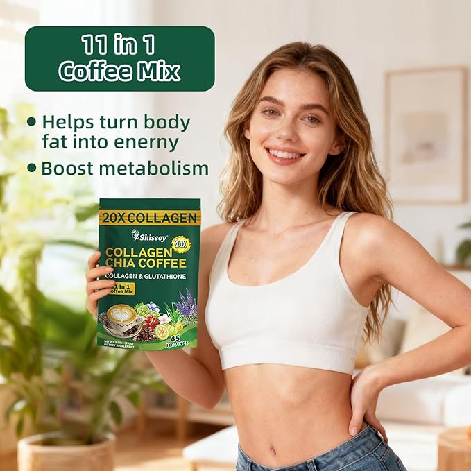 Skiseoy 20x Collagen Chia Coffee - 11-in-1 Coffee Shape Mix with L-Glutathione for Skin, Hair, Joints - Boost Energy and Focus, Vegan Friendly, 45 Servings