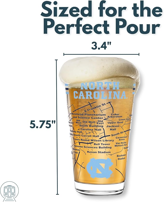 Greenline Goods – North Carolina College Pint Beer Glasses (Set of 2), 16 oz – Full‑Color Logo + Campus Map